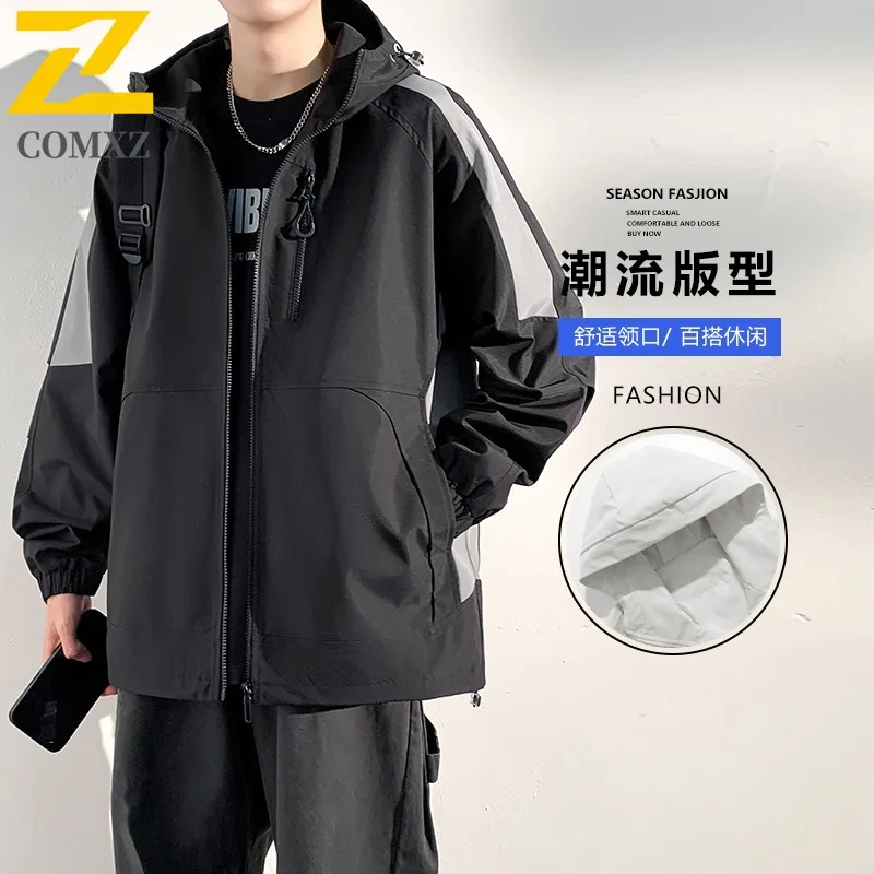 

COMXZ 2025 Spring New Men Hooded breathable Windbreaker Jacket Fashion All-Match Color Block Casual Sports lightweight Coat