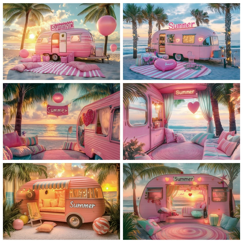 

Summer Hawaiian Beach Coconut Trees Photography Background Pink Beach Car Girls Vacation Party Decoration Background Photo Props