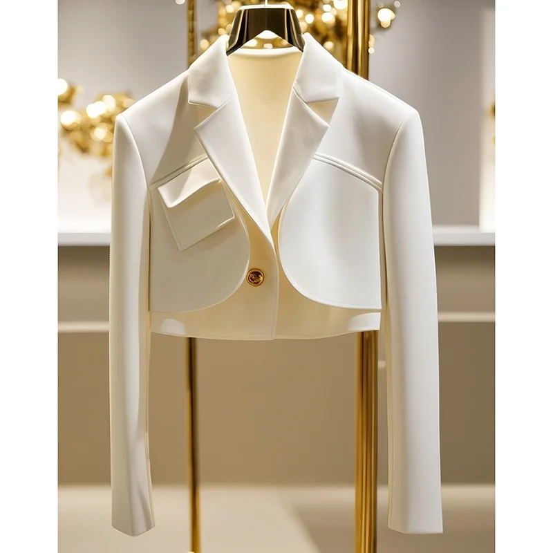 سترة نسائية بيضاء بأكمام طويلة وطية صدر السترة سترة غير رسمية أنيقة بدلة قصيرة معطف خريف 2025 موضة Y2K ملابس خارجية للسيدات