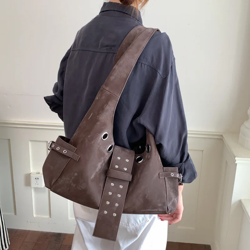 Belt Buckle Women Luxury Designer Handbag and Purses PU Rivet Multiple Pockets Y2K Large Capacity Shoulder Bag Commute Big Totes