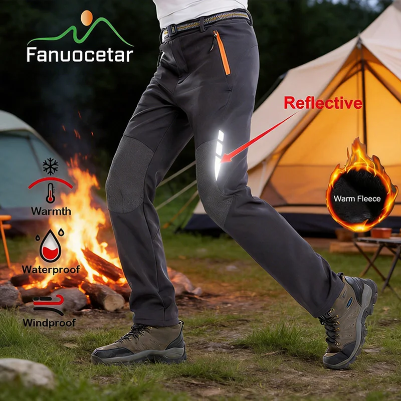 

Fanuocetar Mens Waterproof Windproof Softshell Hiking Pants Warm Fleece Thick Reflective Outdoor Winter Trekking Skiing Trousers