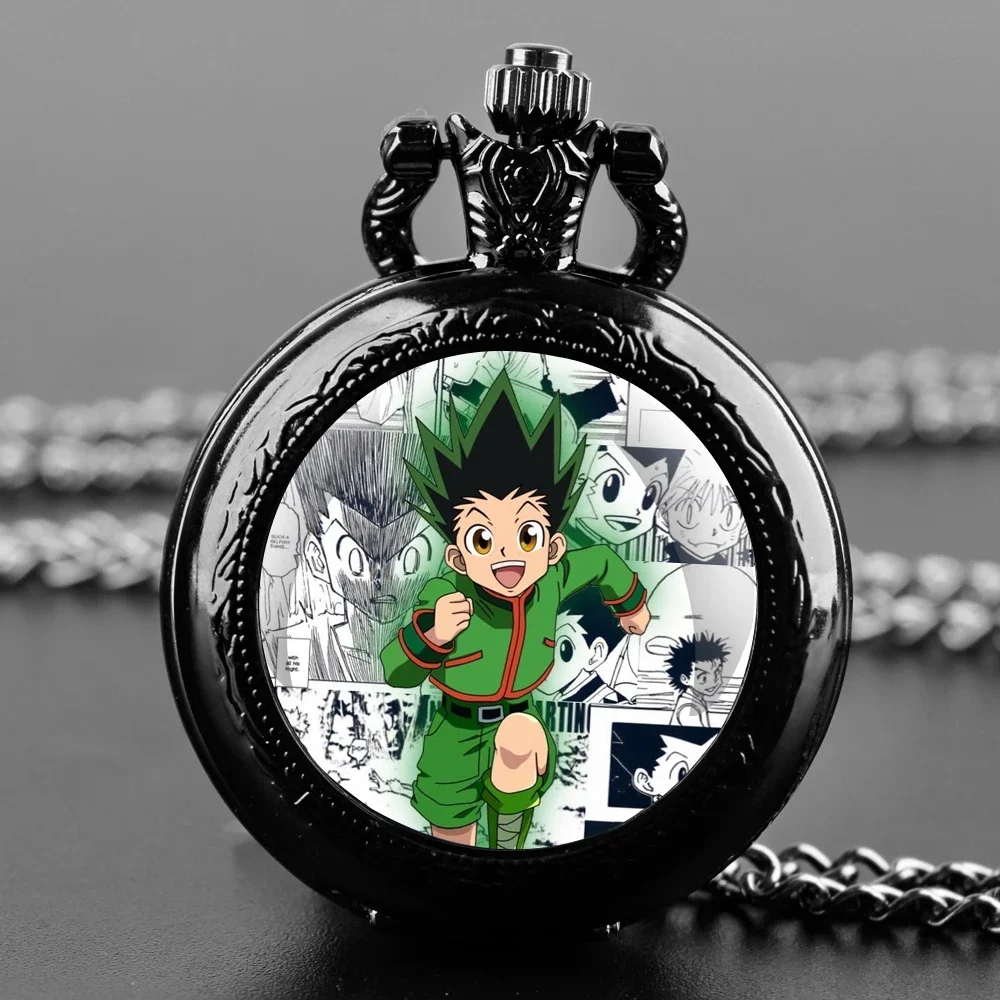 Hot Anime Hunter X Hunter Glass Dome Pocket Watch with Chain Necklace Vintage Quartz Pendant Watches Mens Women Gifts for Kids