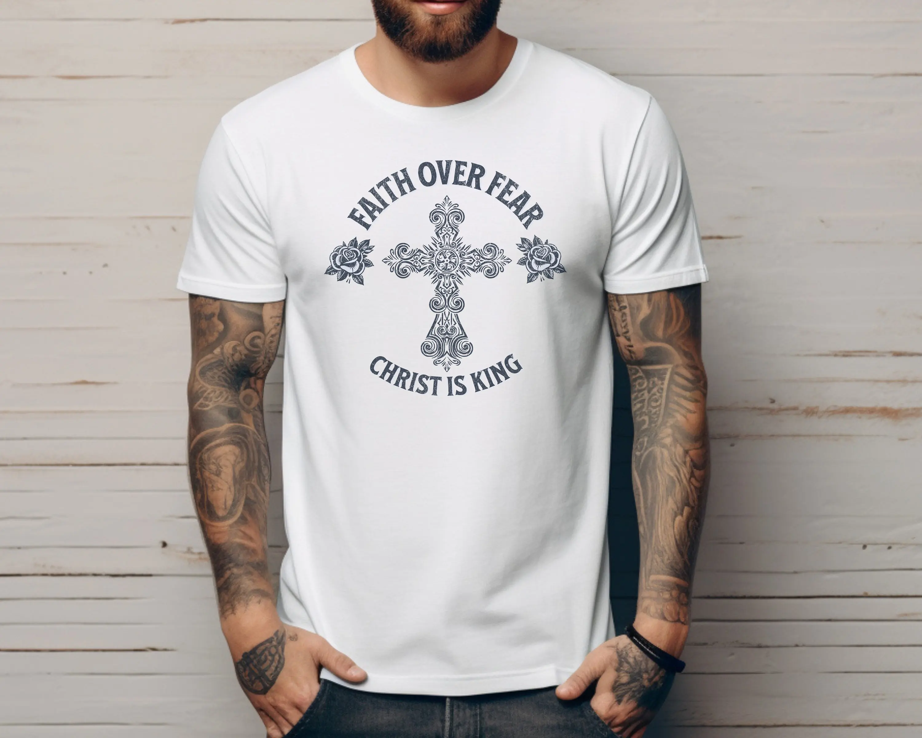 Christian Shirts for Men Faith Over Fear Christ Is King Bible Verse Shirt Religious Tee Christian Clothing Religious Gifts