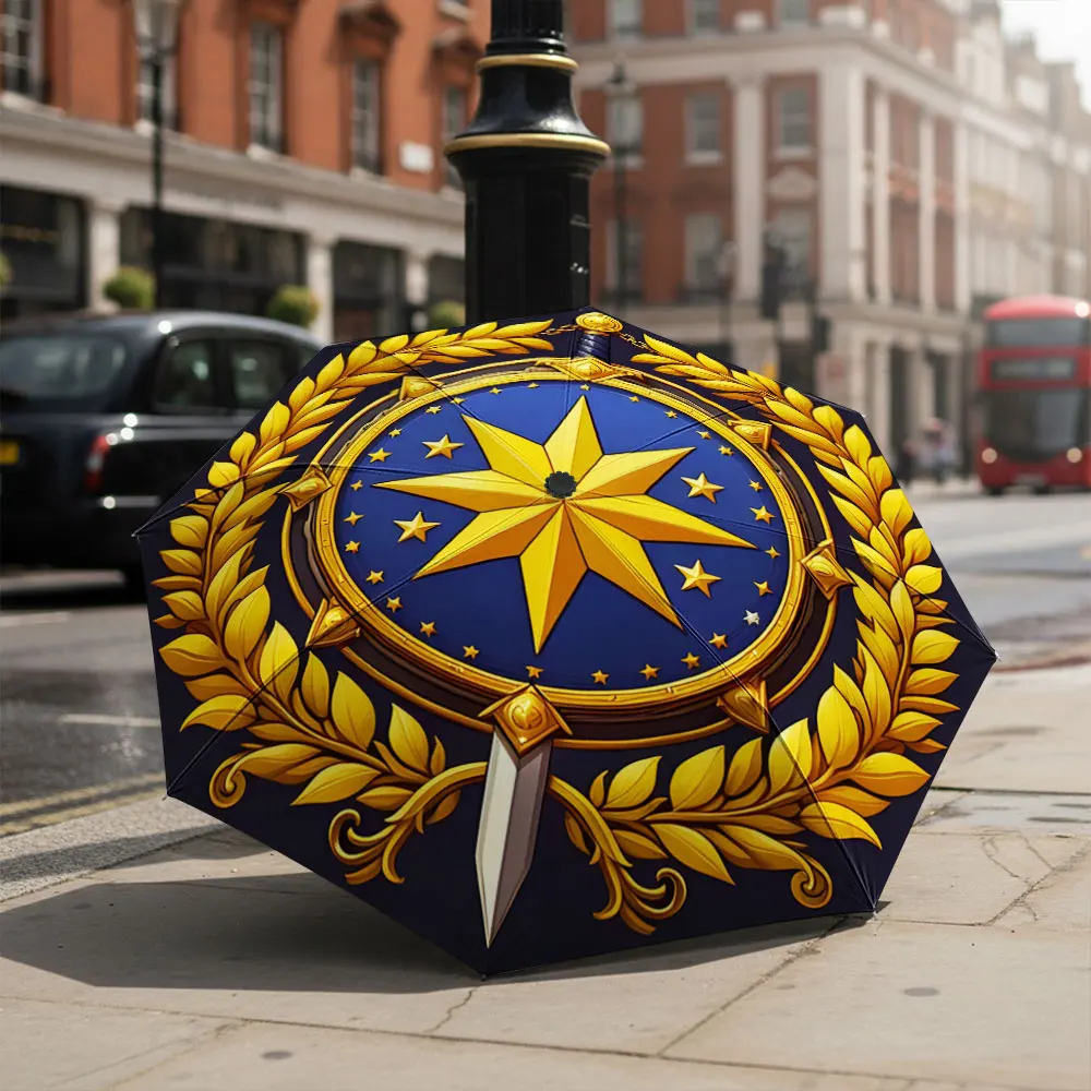 1P C Golden Star Emblem Umbrella with Elegant Design Print 8 Iron Ribs Folding Umbrella Auto-Open Fashion Sunshade