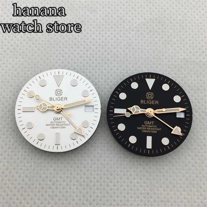 قرص يد BLIGER ذهبي وردي مقاس 29 مم مناسب لحركة GMT NH34 باللون الأخضر المضيء