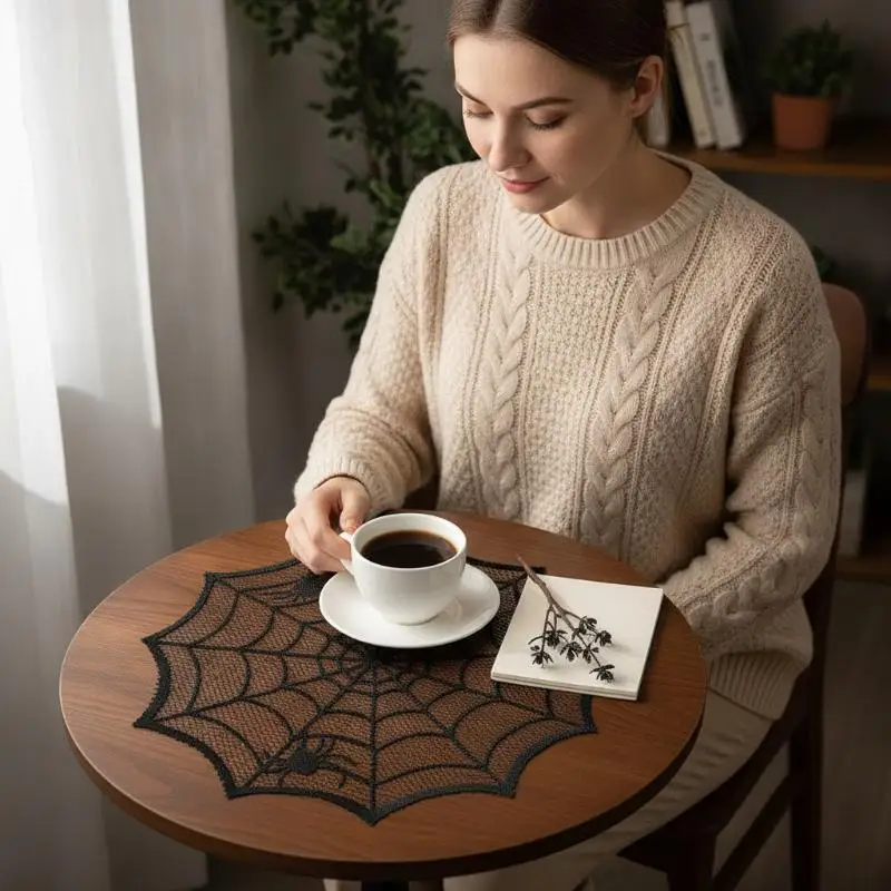 Durable Halloween Spider Web Black Lace Tablecloth 2/4Pcs Table Placemat for Home Party Table Decor