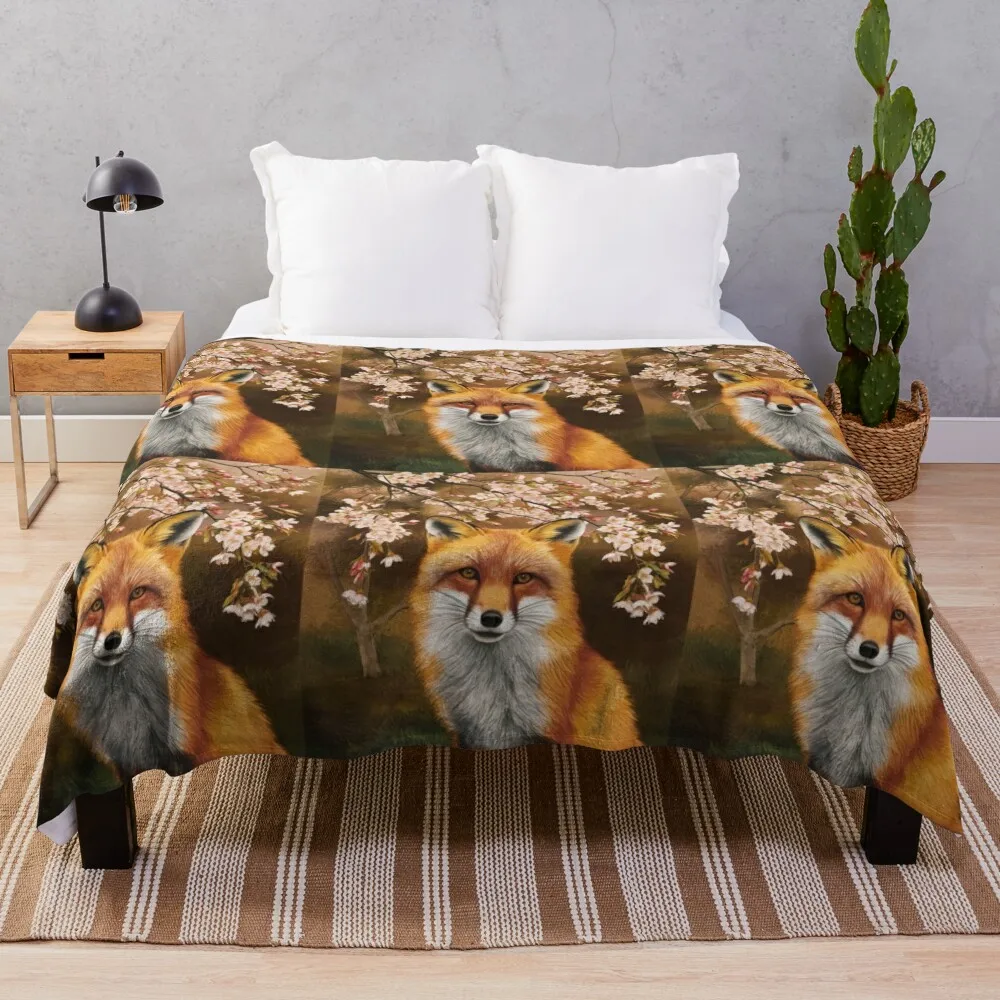 

Fox Portrait. Fox with cherry blossom, fox painting, Leonardo da Vinci style Throw Blanket warm for winter Soft Beds Blankets
