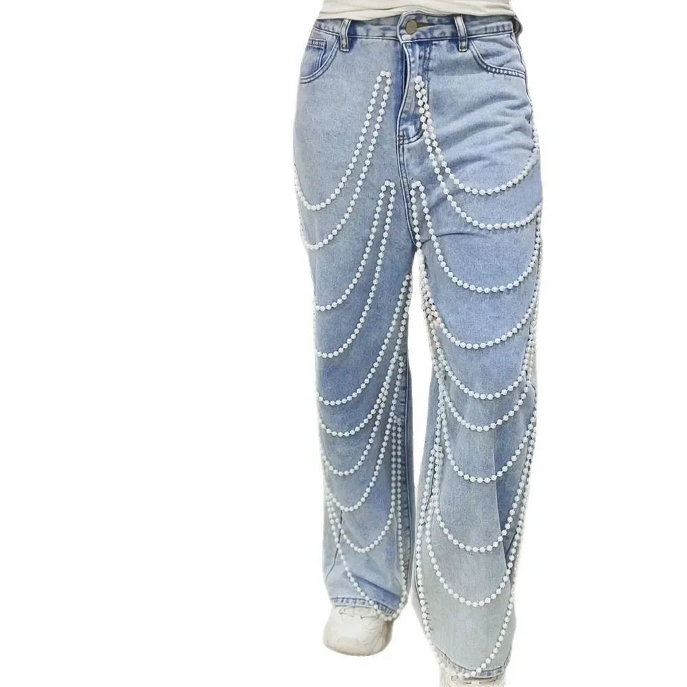 Jeans Wanita Celana Lurus Pinggang Tinggi Manik-manik Dicuci Tertekan Vintage Kantong Tombol 2025 Pakaian Jalanan Wanita Denim Celana