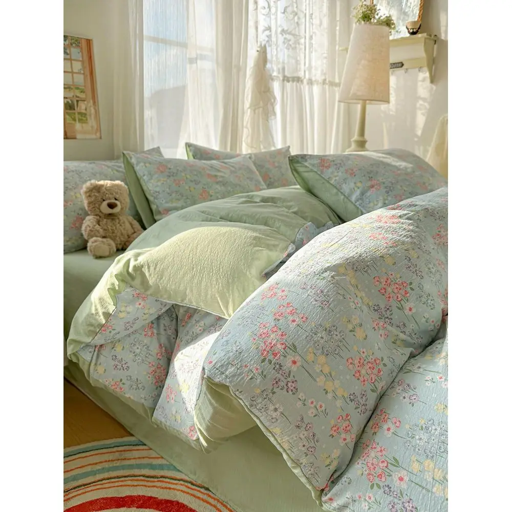 

Floral, Butterfly Printed Crinkle Gauze Duvet Cover Set, 1 Duvet Cover 2 Pillowcases, Soft Breathable Fabric, Suitable For All