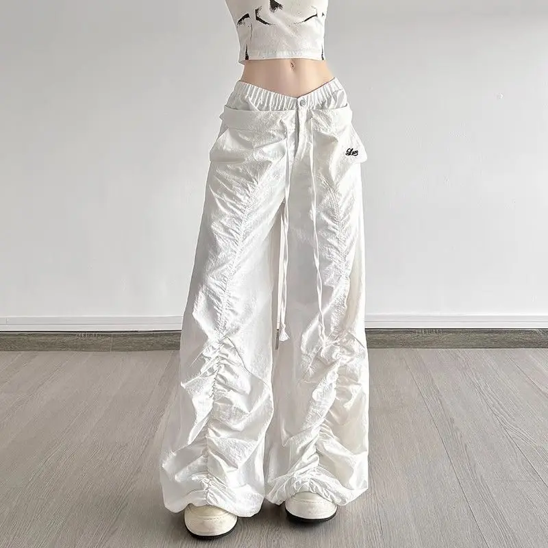 

2026 корейские модные модные уличные брюки, женские свободные брюки с эластичной резинкой на талии и завязками на талии, повседневные брюки с рюшами и широкими штанинами