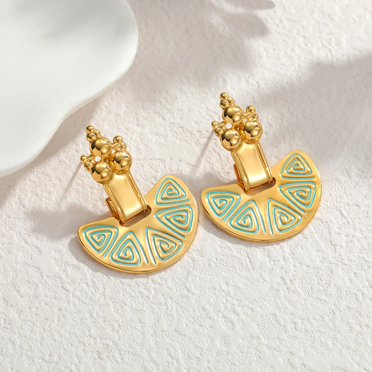 18K Gold-plated Stainless Steel Retro Geometric Fan-shaped Enamel Earrings for Women Bohemian Vintage Ethnic Daily Jewelry Gifts