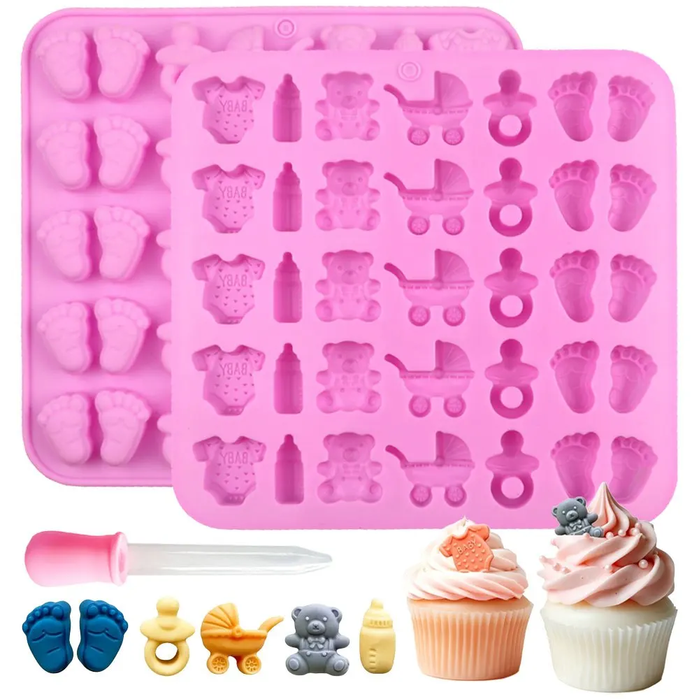 Lot de 2 moules en silicone à 35 cavités, motifs pieds de bébé, sucettes et combinaisons avec compte-gouttes, pour bougies en cire de soja, savons, résines, outils d'artisanat, cadeaux et décorations DIY