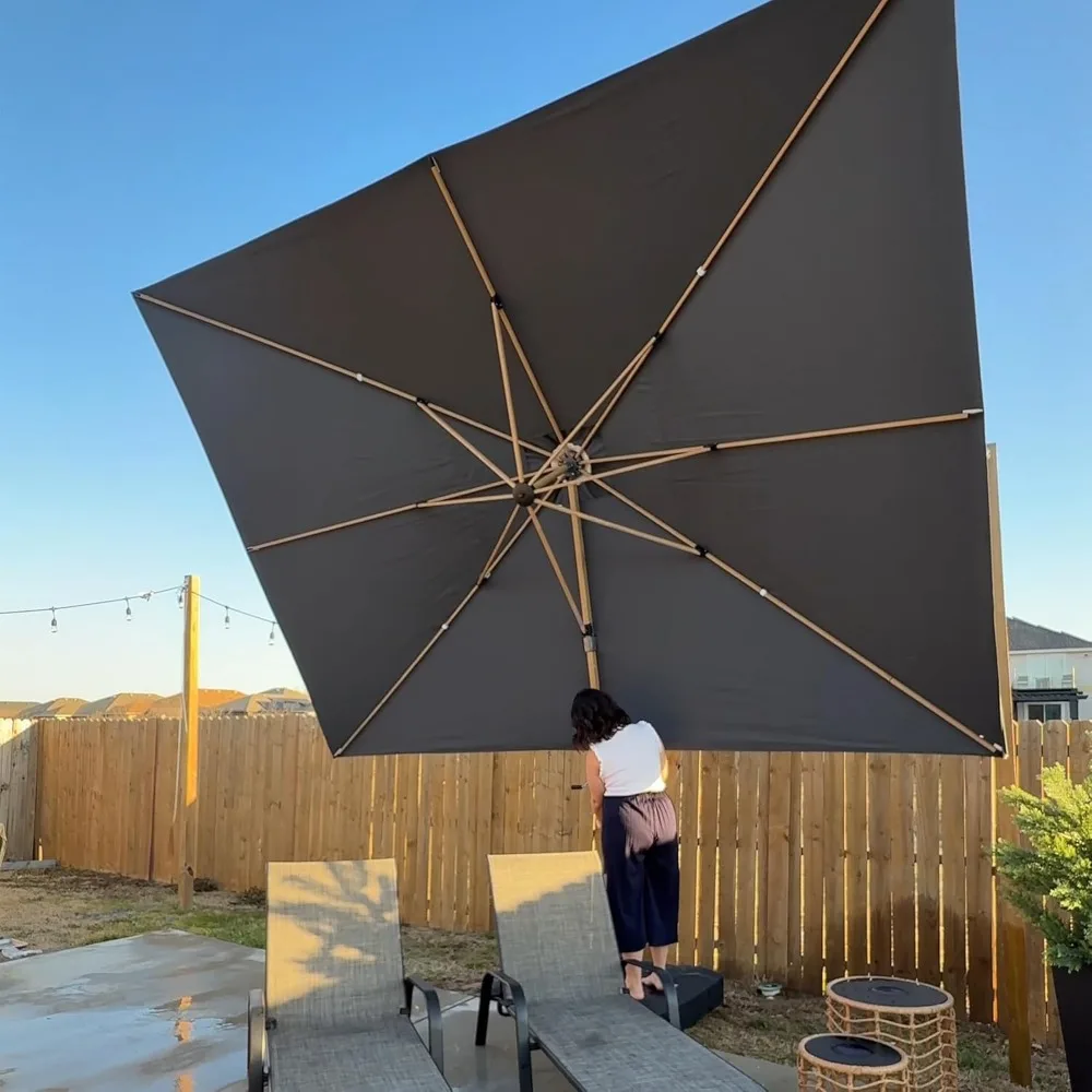 

10‘ x 13’ Rectangle Patio Cantilever Umbrella Large Hanging Umbrella Teak Finished Aluminum Frame Windproof Offset Outdoor Sun