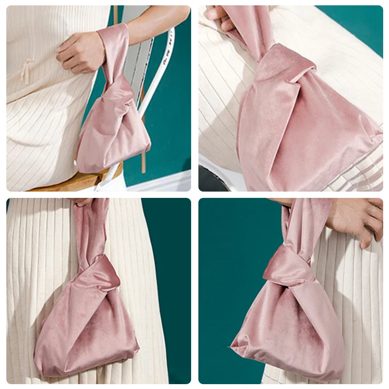 Autumn Winter Retro Velvet  Women\'s Handbags Bar Knot Wrist Bag  Japanese Style Simple Carrying Bag Purses Phone Key Pouch