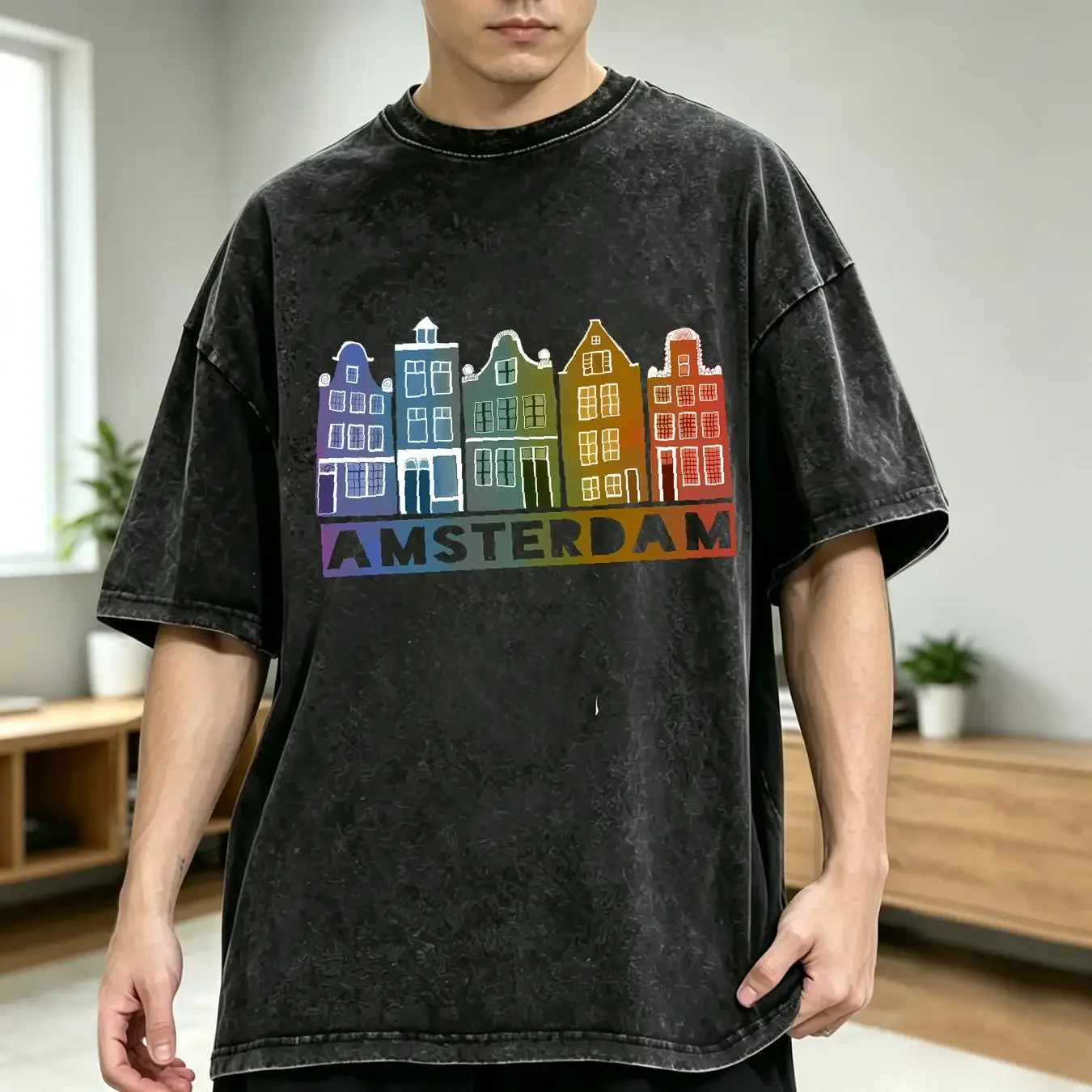 washed T Shirt Canal House Row Amsterdam Holland Dutch Rainbow Large Capacity Backpack Print Backpacks vintage Washed Unisex