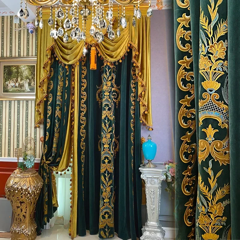 

Customized High-end Palace Dark Green Embroidered Velvet Fabric With Gold Patchwork Curtains For Living Room Bedroom Villa