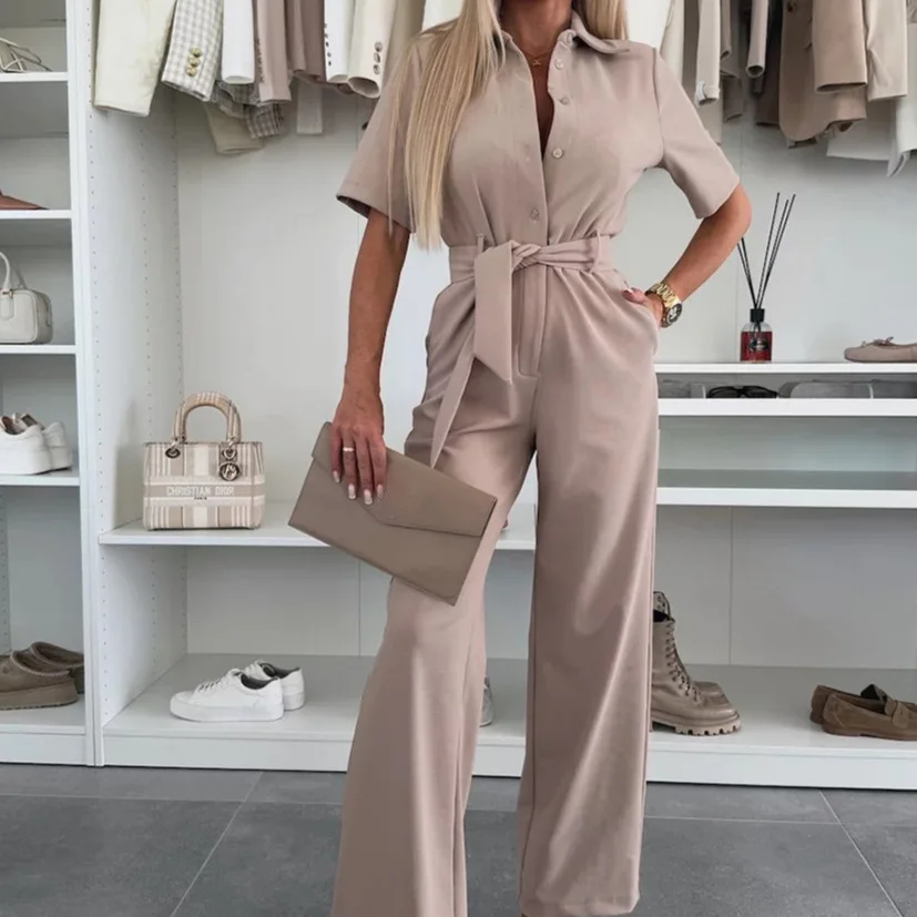 女性のジャンプスーツソリッドカラーシャツカラー半袖ボタンタイジャンプスーツ 2025 夏