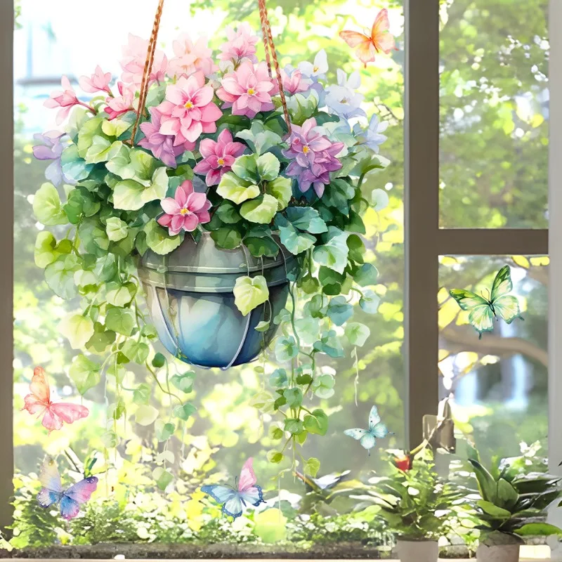 Fresh Window Flower Basket Decals Static Cling Glass Stickers for Room Decor 40 60cm Home Decoration Stickers Posters
