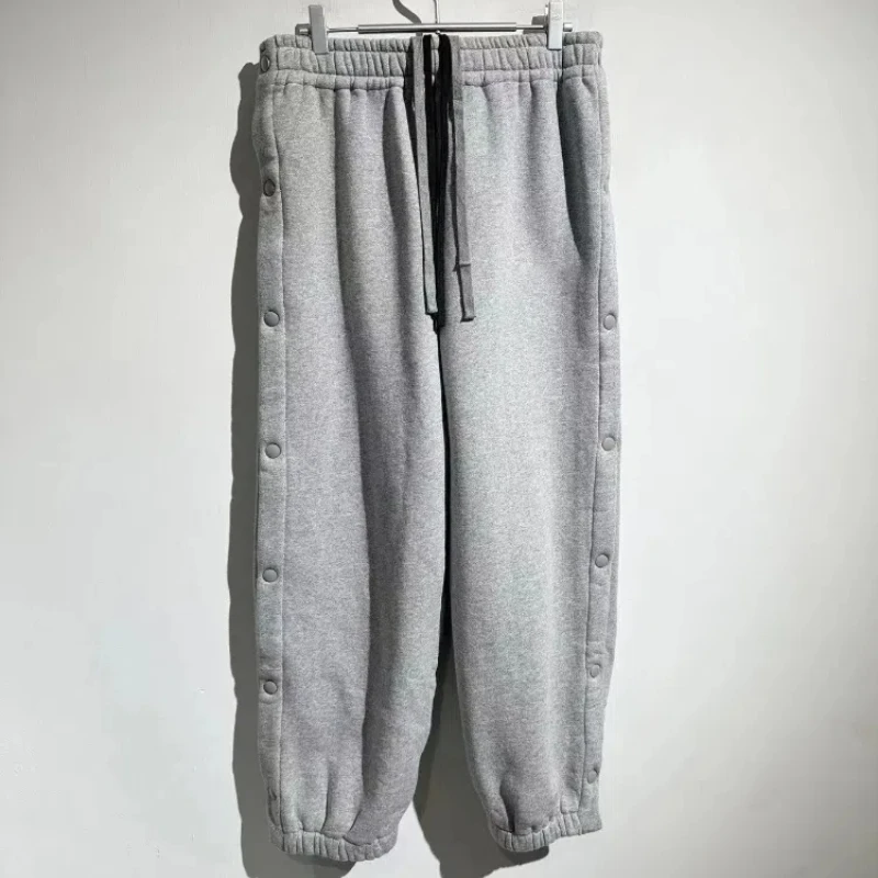 24AW New Side-Breasted Hemp Gray Fleece Lined High Gram Weight Terry Thick Fleece Casual Pants Mens Clothing Men's Winter