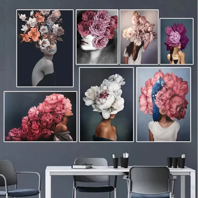 Retrato abstracto, flores decorativas, plumas, mujer, arte de pared a la moda, pintura en lienzo, impresiones, decoración Interior del hogar para sala de estar