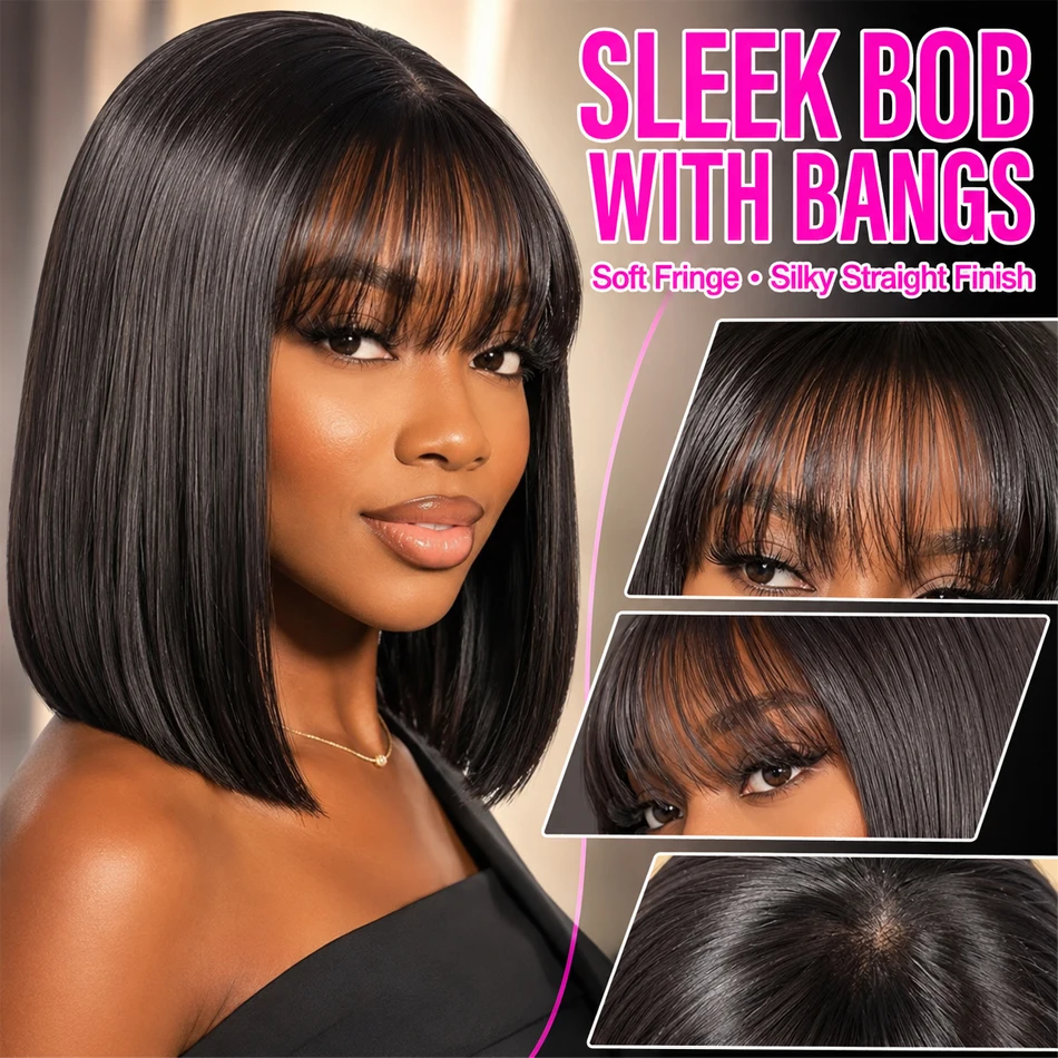 Bone Straight Short Bob Wig With Bangs Brazilian Glueless Wig Remy Hair 3x1 Lace Middle Part Wig Human Hair For Black Women