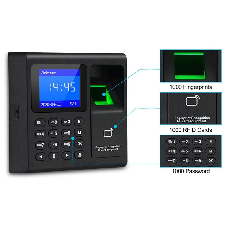 Perekam jam waktu elektrik, kontrol akses kapasitas 1000, perekam RFID, Keypad, pengaturan Data USB