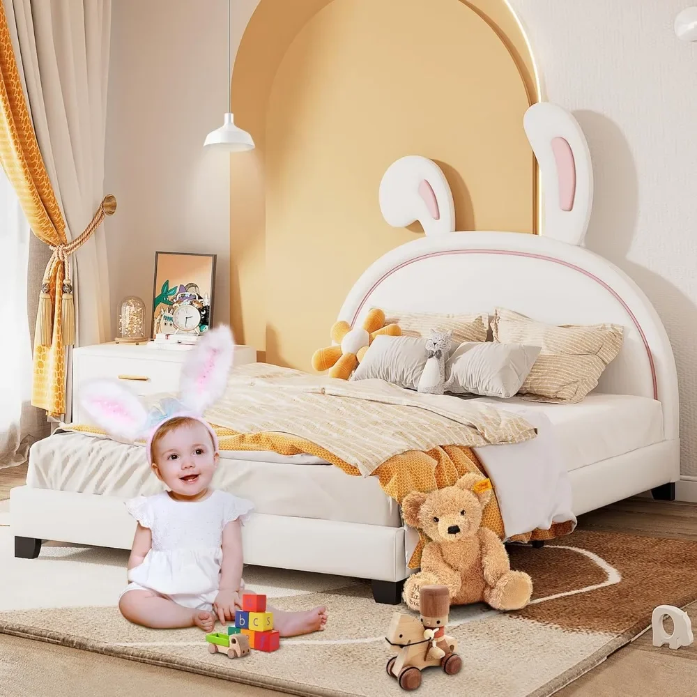 Children bed. With rabbit headboard, with Flat noodles support, baby bed frame, children's bedroom, white, children's bed