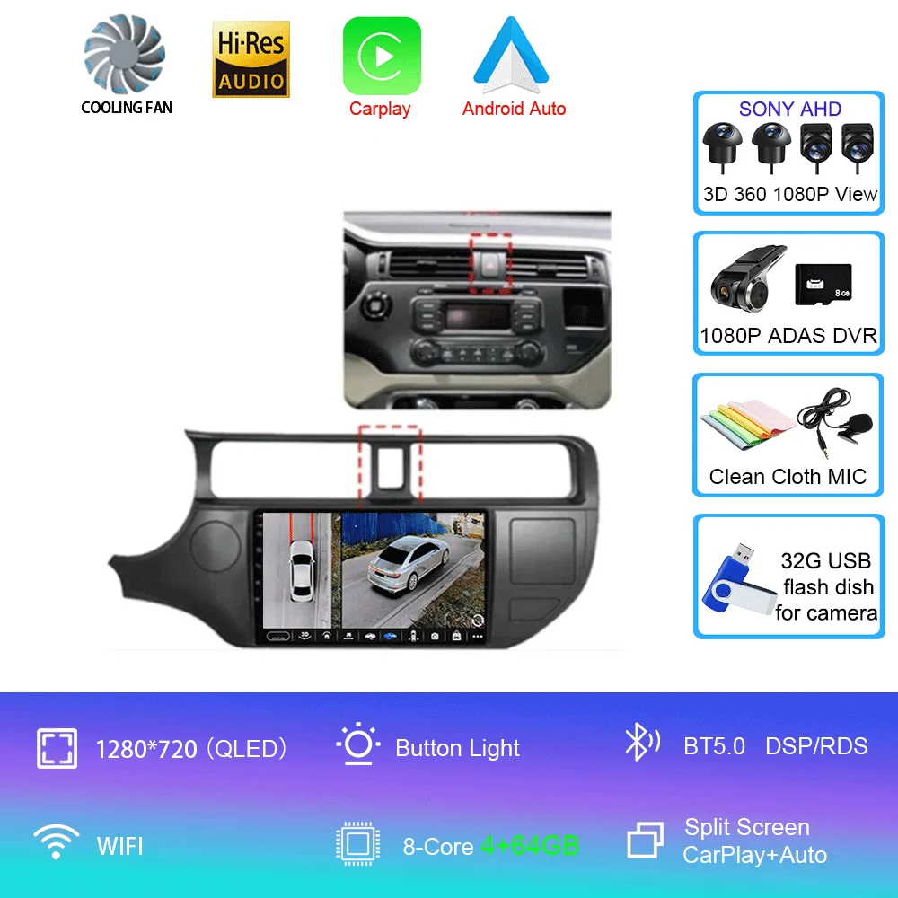 Android 16 Carplay Auto voor Kia RIO 4 K3 2011 2012 2013 - 2017 autoradio multimediaspeler navigatie GPS geen 2Din 2 Din - afbeelding 1