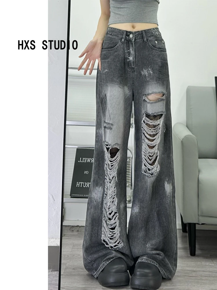 

Американские уличные рваные джинсы, женские свободные прямые длинные брюки с высокой талией, повседневные широкие джинсы с несколькими карманами