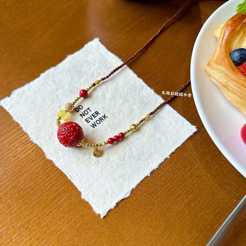 Cinnabar paper pattern bead necklace red sand with beeswax DIY hand-woven loose bead necklace pendant pendant