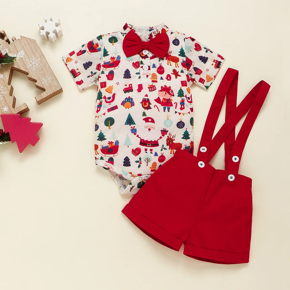 

2025 Christmas Style Boys' Bow Tie Open Buckle Bag Butt Ha Clothes Strap Pants Two Piece Set Children's Pure Cotton Set