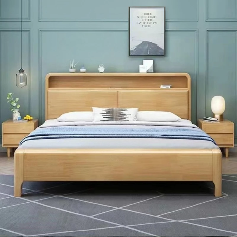 

Nordic solid wood bed, modern simple night light, 1.8m double bed, 1.5 single storage bed, small apartment, soft wedding bed