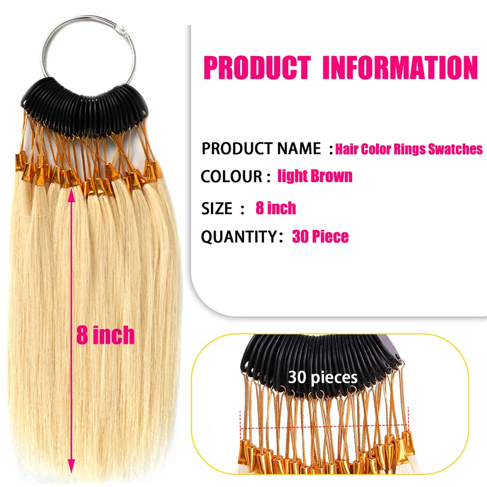 Amostras retas Cor do cabelo Anéis, 100% cabelo humano Swatches, salão de cabeleireiro, fivelas de ouro, 30 fios por conjunto