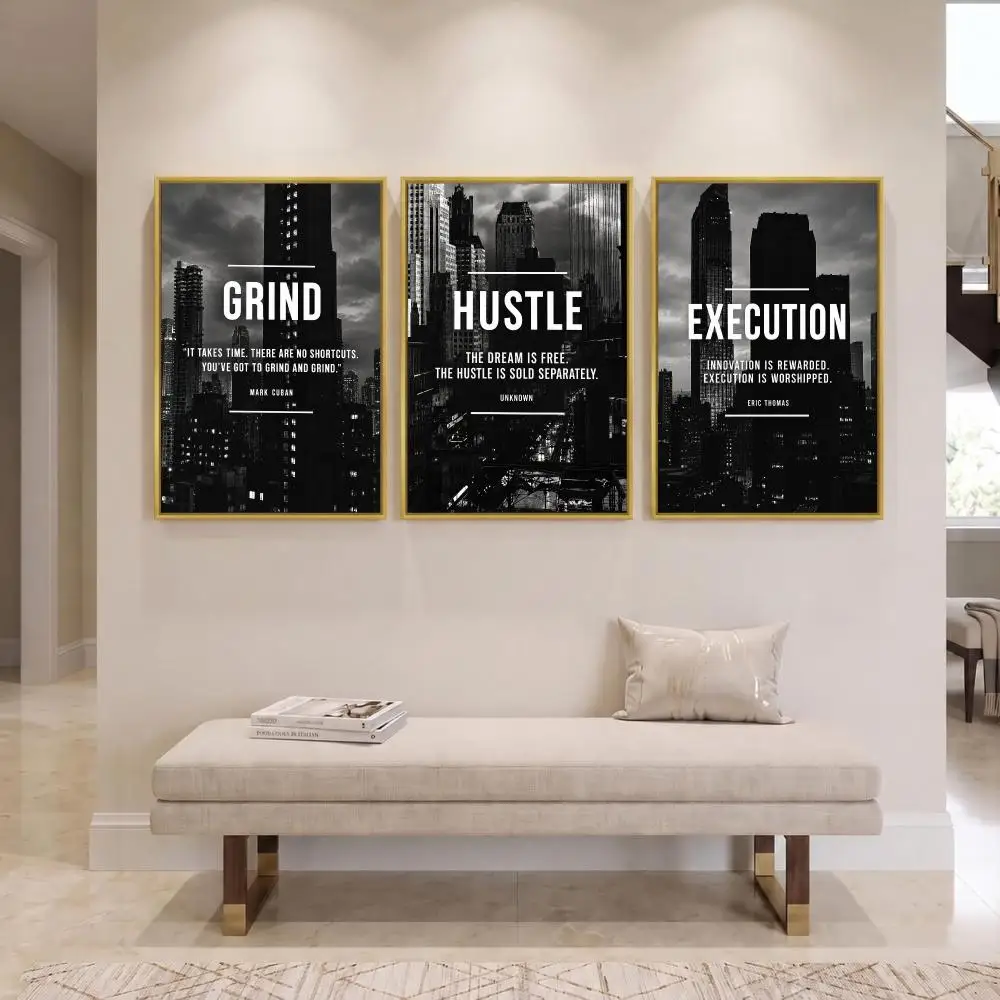 Modern Abstract Hustle Grind Execute Painting Calligraphy Canvas Prints Set of 3 Wall Art for Living Room Decor Fashion Decals