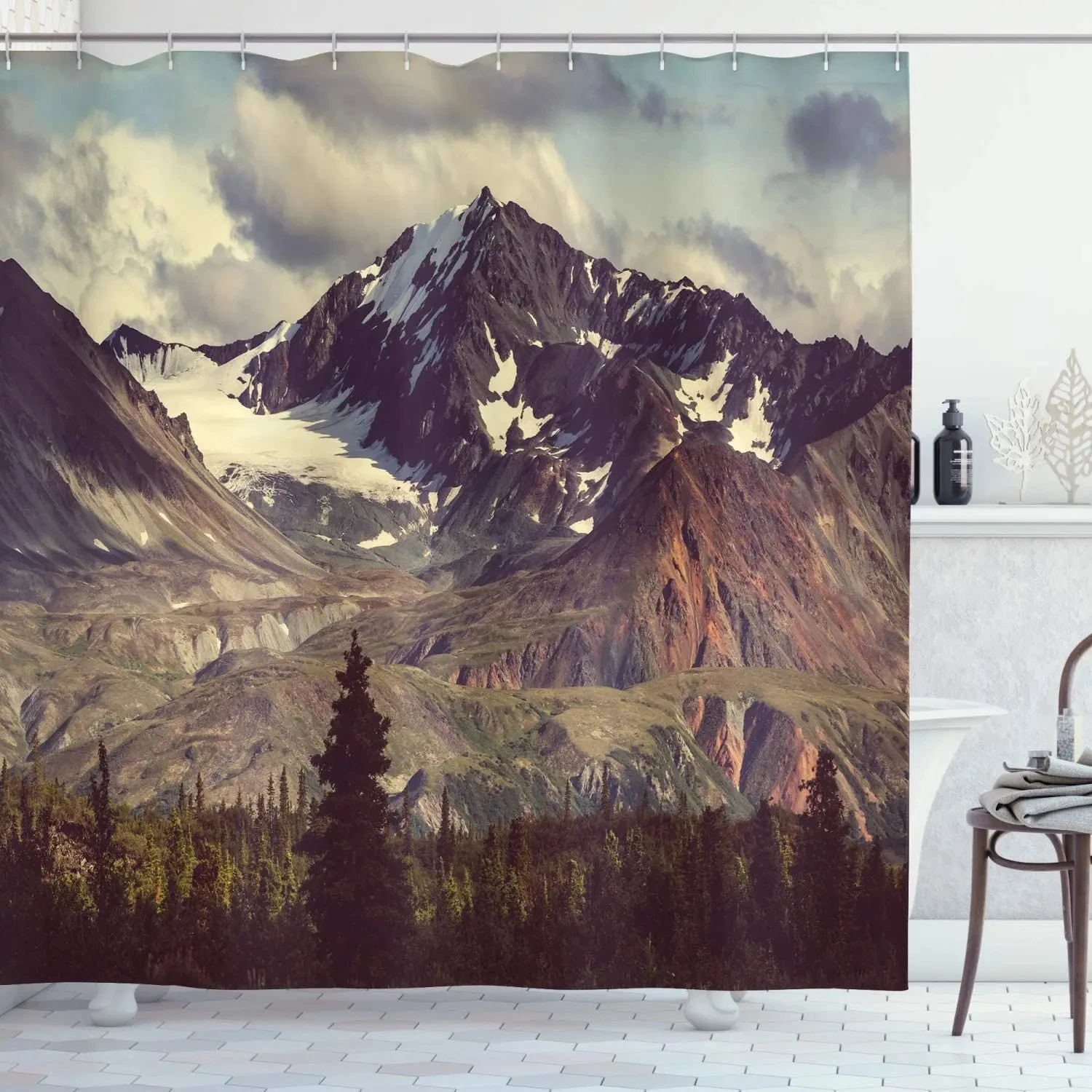 Nature Shower Curtains Stream Flowing in Forest Mossy Rocks Trees Foliage Splash Landscape Fabric Bathroom Decor with Hooks