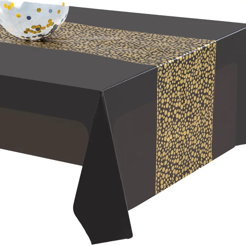 Mantel de punto dorado negro, mantel de fiesta PEVA impermeable y resistente al aceite de Amazon, mantel de decoración de fiesta sin lavado