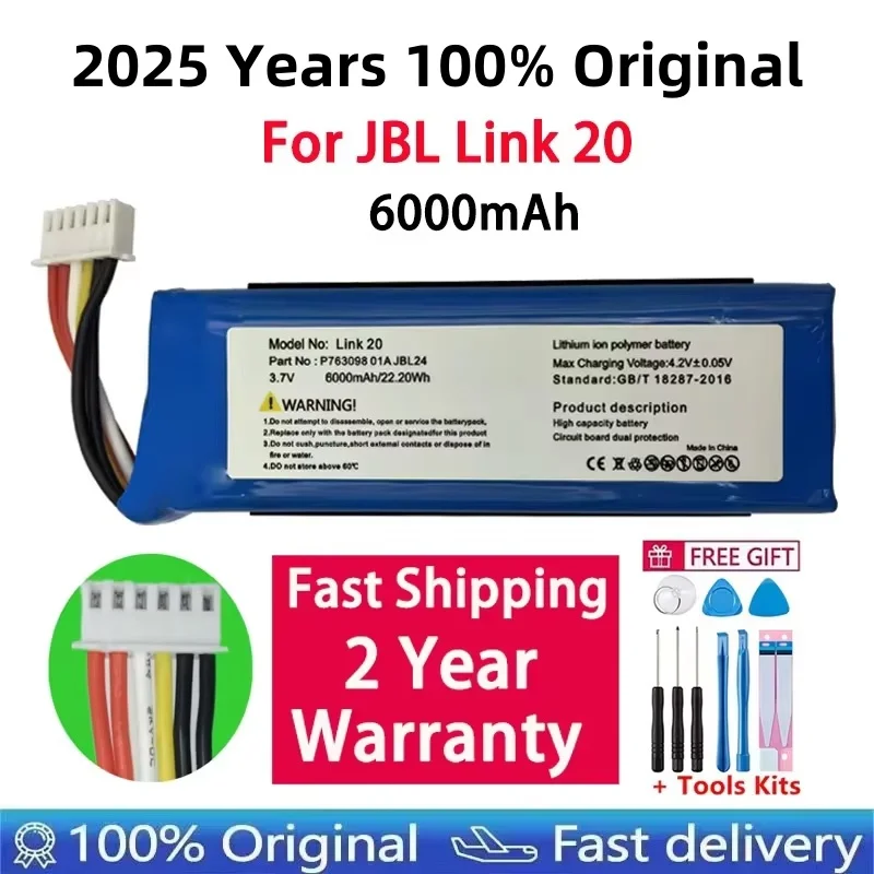 2025 Years 100% Original Replacement Battery 6000mAh For JBL Link 20 Link20 P763098 01A Genuine Loudspeaker Speaker Bateria