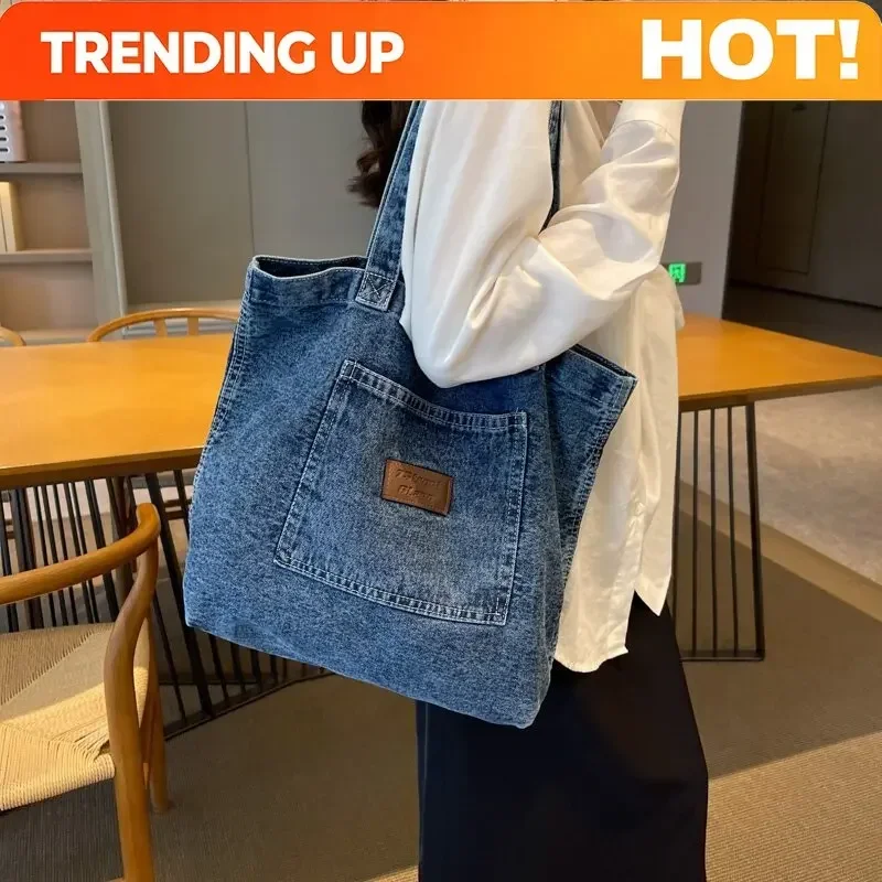 Stylish Light Blue Denim Tote Bag For Women Large Capacity, Zipper Closure, Casual Shoulder Handbag With Multiple Compartments