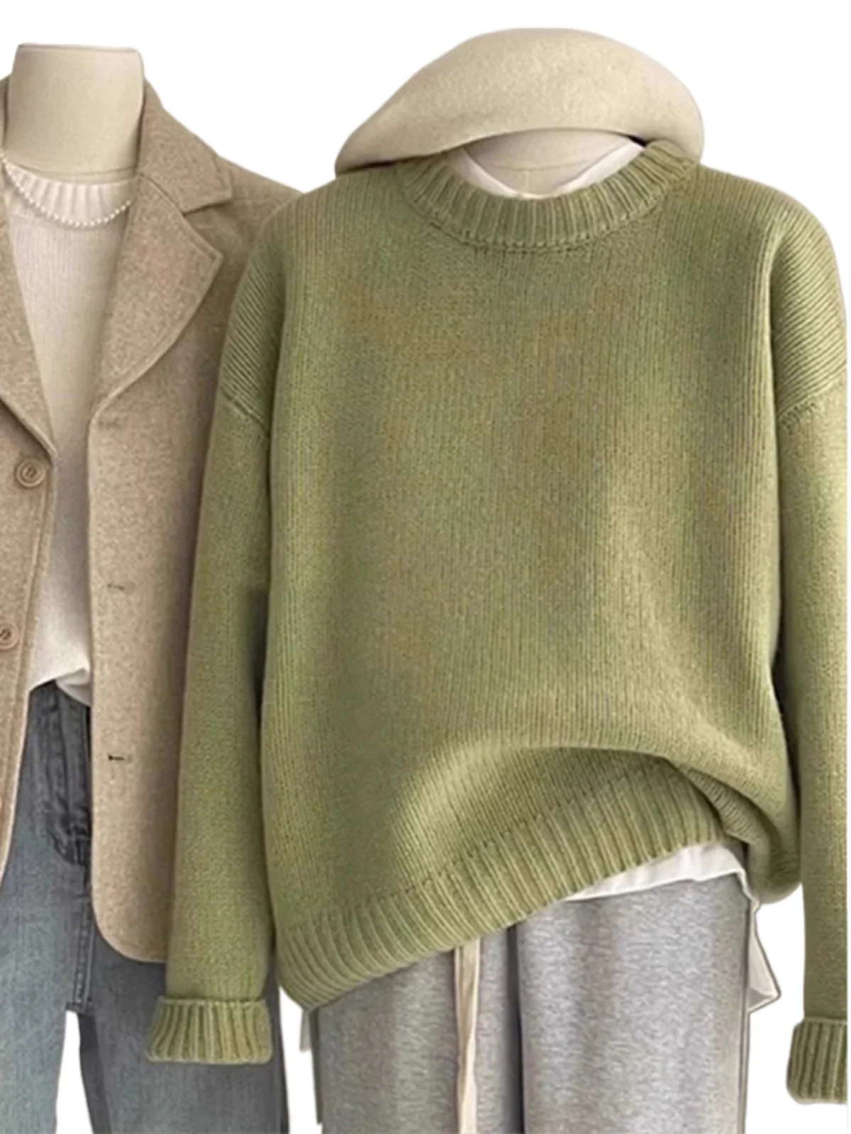 

Зеленый свитер, женский осенне-зимний корейский свободный ленивый стиль, вязаный топ с круглым вырезом, простой однотонный пуловер с длинными рукавами