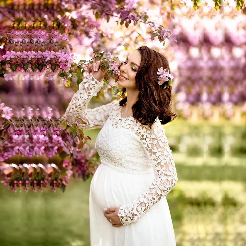 Lace Chiffon Maternity Long Sleeve Dresses For Photo Shoot Pregnancy Baby Shower Dress Photography Pregnant Women Clothes