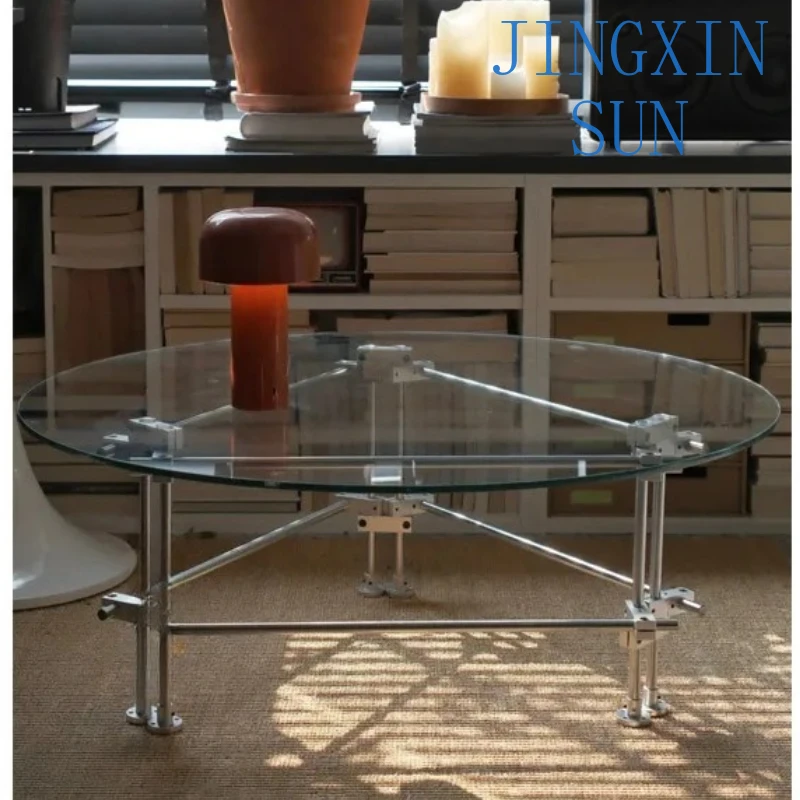 Nordic Simple Round Glass Coffee Table for Living Room Modern Minimalist Tea Table with Stainless Steel Optical Axis for Home