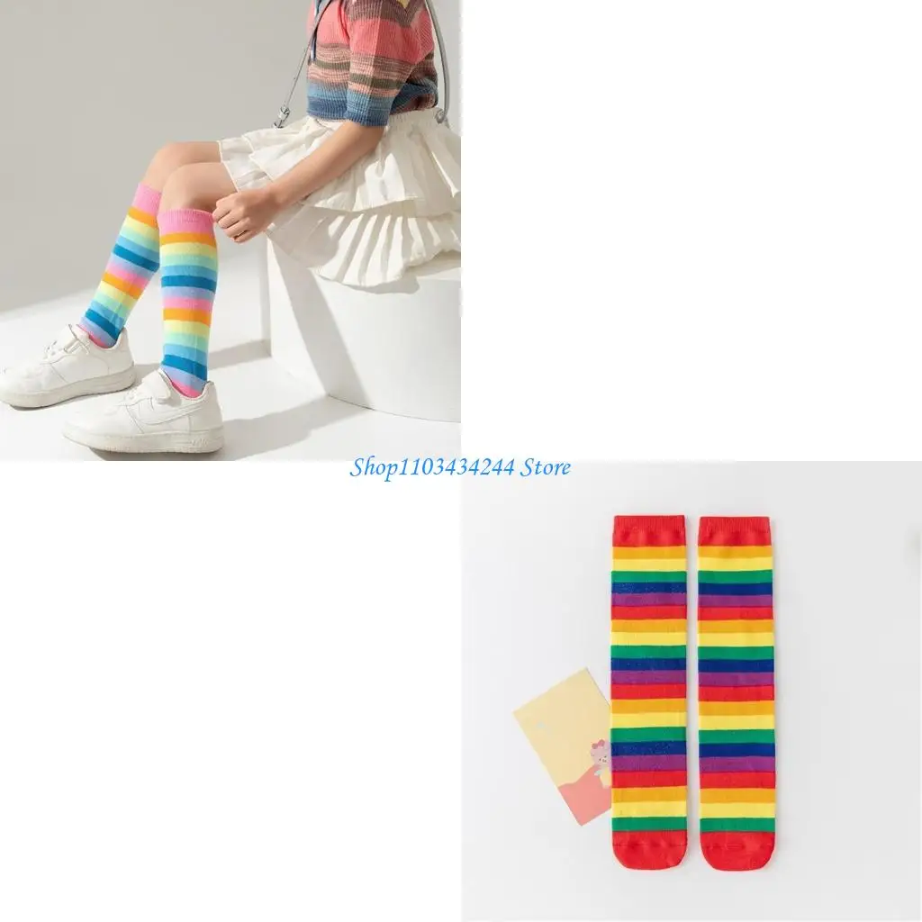 

Носки ниже колена для детей, удобные хлопковые носки с радужной отделкой для девочек от 3 до 12 лет