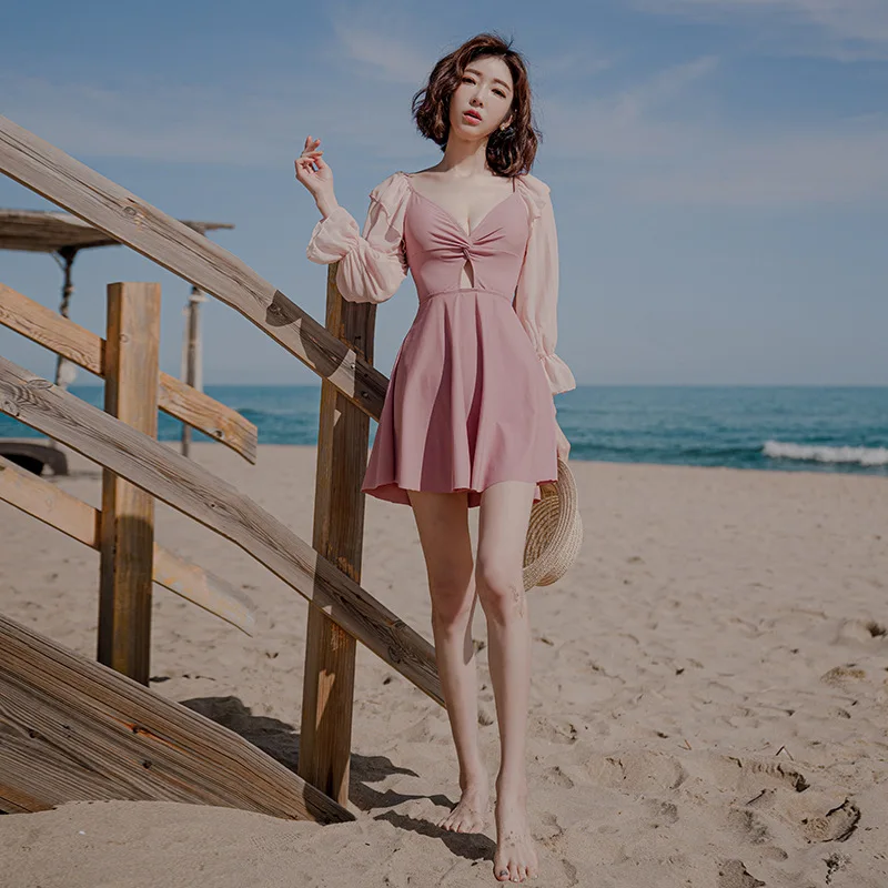 Wisuwore 2023 Skirt One-piece Swimsuit Women Conservative South Korea V-neck Solid Color Hot Spring Bathing Swimming Suit