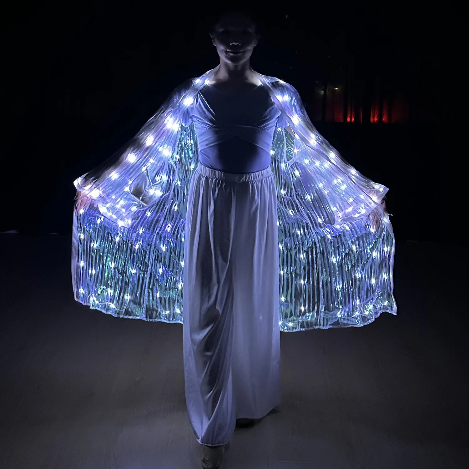 White LED Glow Costume Belly Dance Butterfly Wing Fans - Glowing Light up Clothes for Performance Carnival Party Dancing view 4