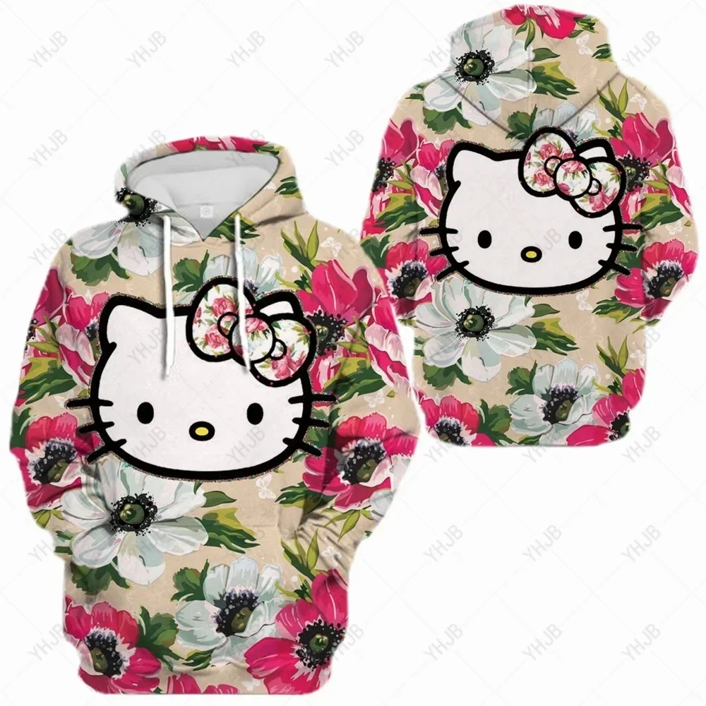 HelloKitty-Pull à capuche imprimé Kitty mignon pour femme, pull décontracté, mode automne et hiver