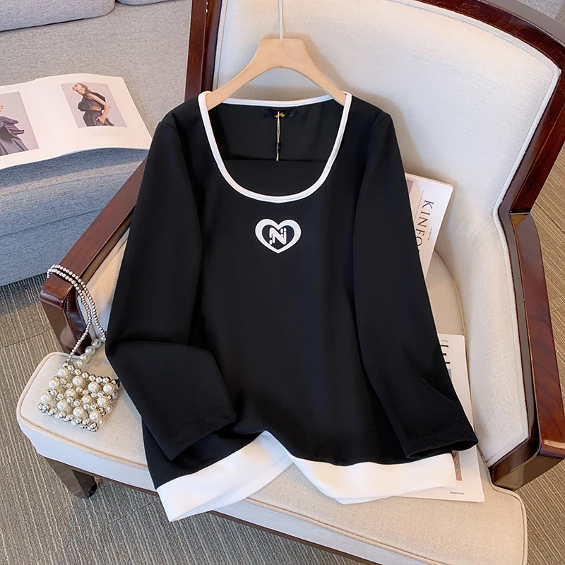 Plus-size women's spring casual hoodie visual double collar design long staple cotton fabric loose comfortable commuter top