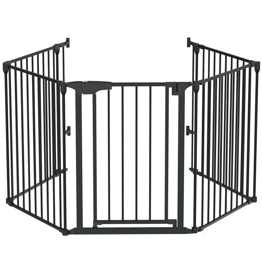 Adjustable 5-Panel Metal Baby Gate, Safety Fence for Toddlers, Pets, and Dogs, with 4 Wall Mounts, Black