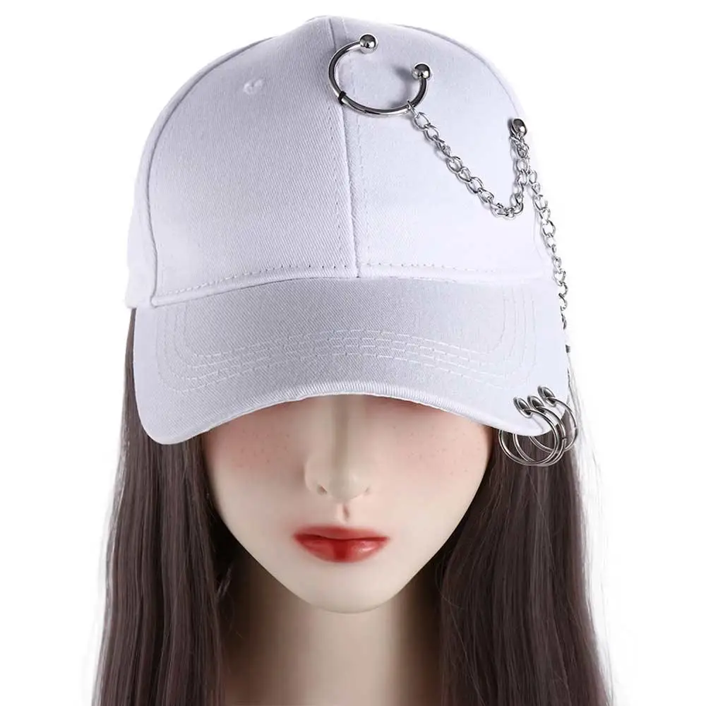 

Korean Punk Adjustable Outdoor Cotton Sports Female Chain Visors Cap Baseball Cap With Ring Snapback Hats