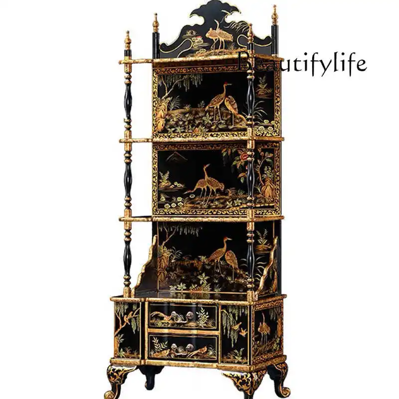 -style painted display cabinet, villa high-end luxury bookshelf, -style hand-painted engraved decoration