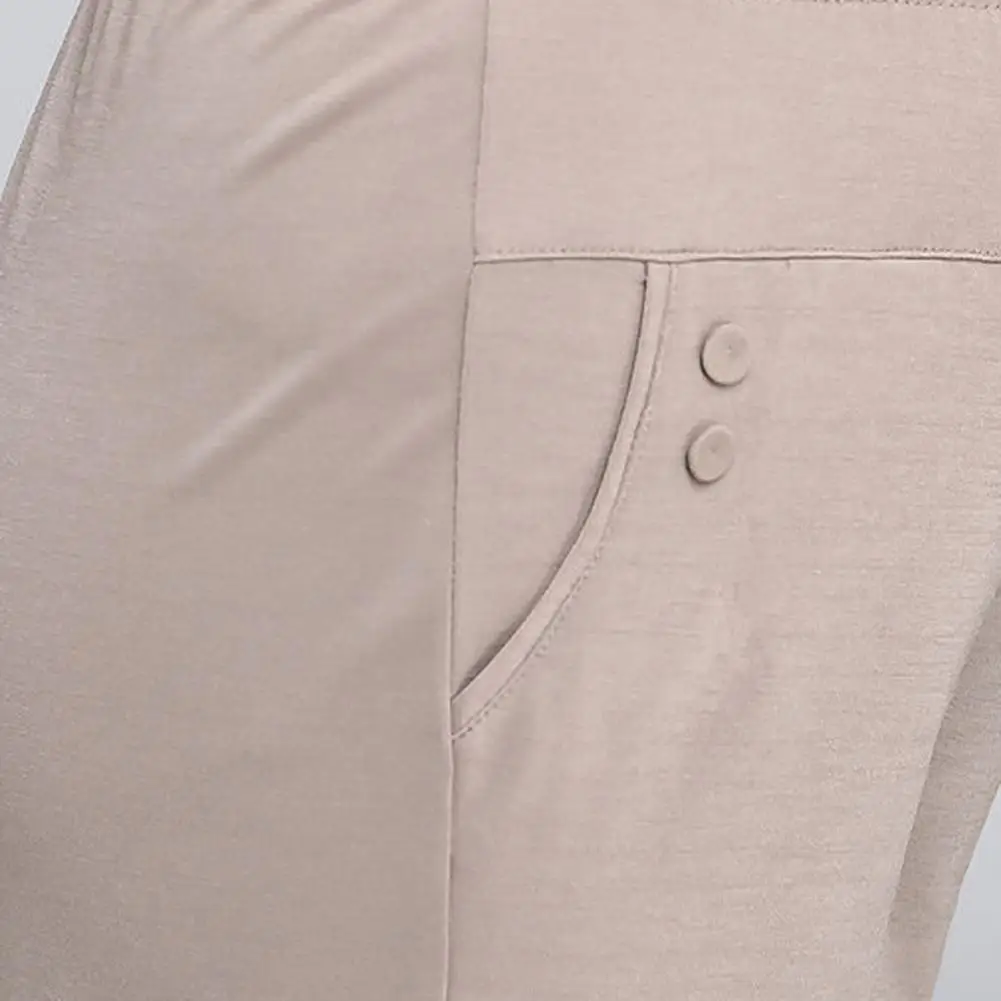 Thin Office Lady Straight Wide Leg Trousers High Waist Elastic Waistband Women Pants Button Decoration Pockets